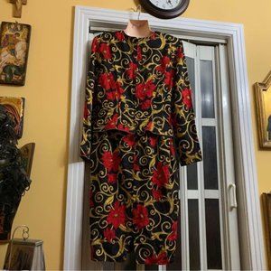 Superb colorful long-sleeved real silk dress, size 12, signed Maggy London
